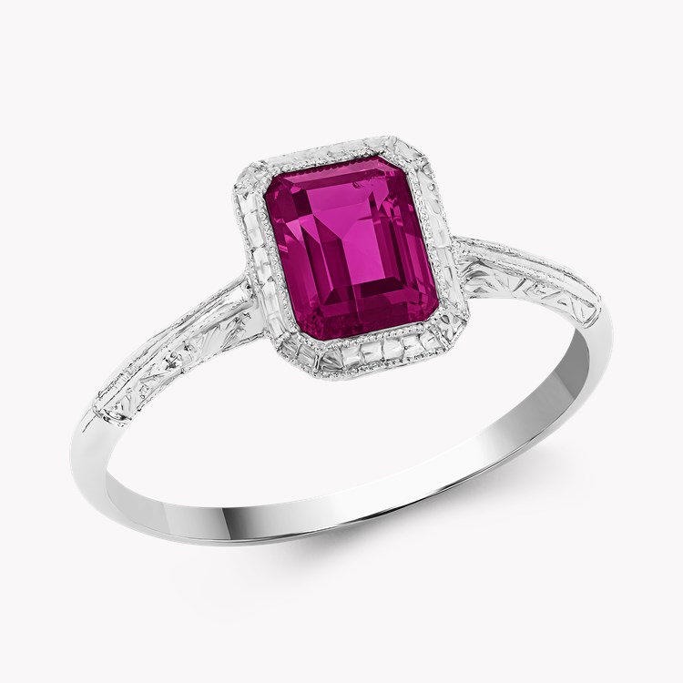 Antique Inspired 1.41ct Burmese Ruby Solitaire Ring Emerald Cut, Millegrain Set_1