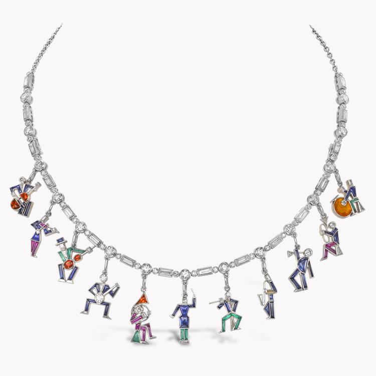 Art Deco Diamond & Gemstone Charm Necklace/Bracelet 5.10CT in Platinum Mixed Cut Musician Charm Necklace/Bracelet_2