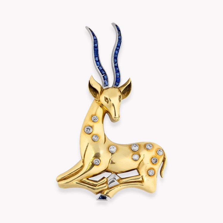 Art Deco Diamond Deer Brooch Brilliant Cut Diamond Brooch, with Sapphire_1