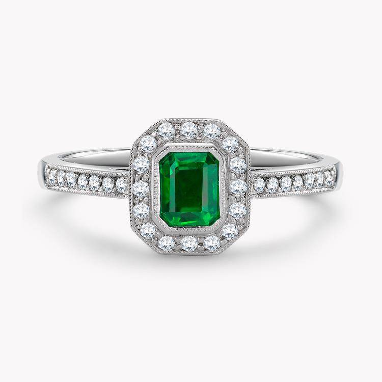 Octagonal Cut Emerald Ring 0.44CT in 18CT White Gold Cluster Ring with Diamond Shoulders_1