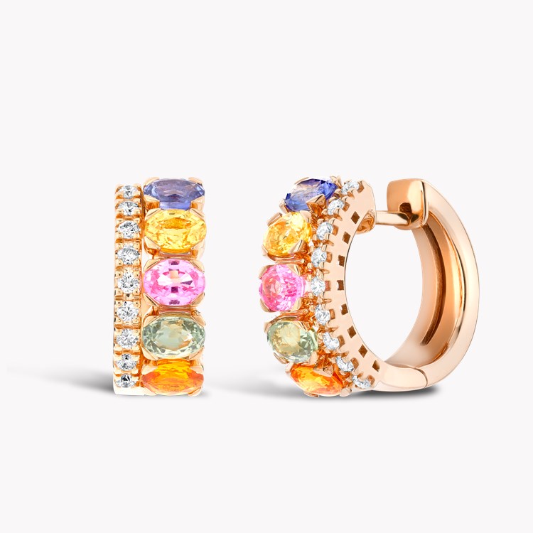 Rainbow Sapphire Diamond Hoop Earrings 2.06ct in 18ct Rose Gold Oval Cut Claw Set