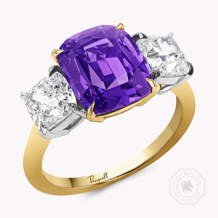 Masterpiece 5.41ct Colour Change Sapphire and Diamond Three Stone Ring Cushion modern cut, Claw set_1