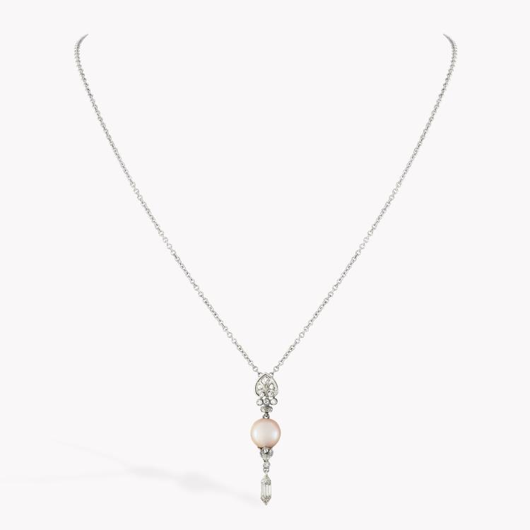 Edwardian Natural Pearl and Diamond Pendant in platinum Natural Pearl Pendant, with Baguette Cut Diamond_2