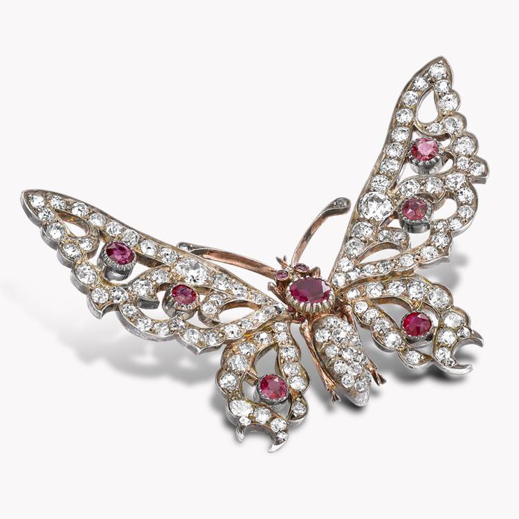Victorian Diamond & Ruby Brooch 7.50CT in Rose & White Gold Old Cut Ruby & Diamond Butterfly Tremblant Brooch_2