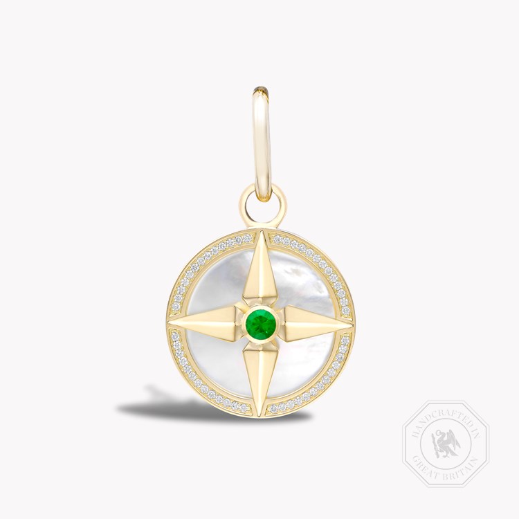 Emerald (May), Mother of Pearl and Diamond Pendant Charm Brilliant Cut Rubover & Claw Set_1