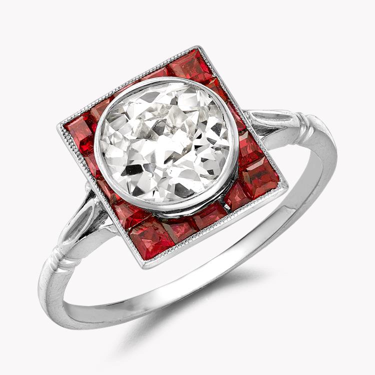 Art Deco Diamond Plaque Ring 1.70CT in Platinum Old Cut Plaque Ring, with Ruby Surround_1
