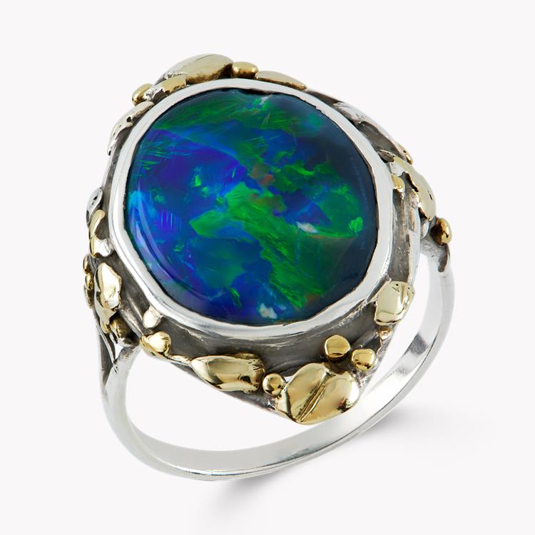 Art Nouveau Opal Ring  in Silver and Yellow Gold Oval Cut, Rubover Set_1