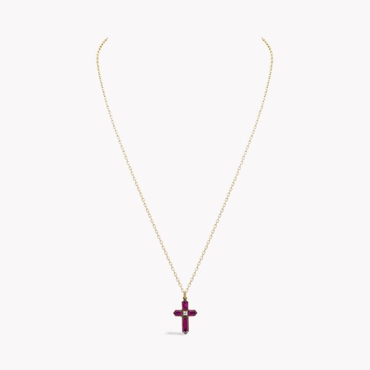 Victorian Bullet Cut Garnet and Diamond Cross Pendant Bullet Cut, Rubover Set_2