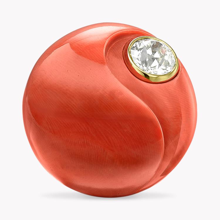 Art Deco Sterlé Coral & Diamond Ring Coral Cocktail Ring, with Old Cut Diamond_2