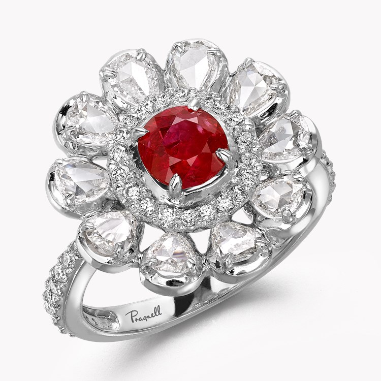 Cushion Cut Ruby Ring Cluster Ring with Pear Cut Shoulders_1