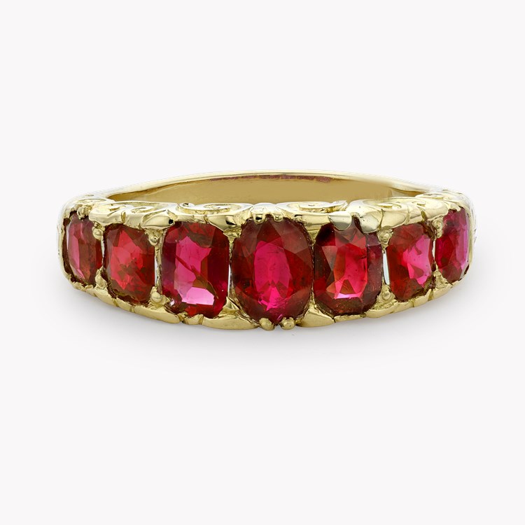 Victorian Ruby and Diamond Carved Seven Stone Ring Oval Cut, Claw Set_2