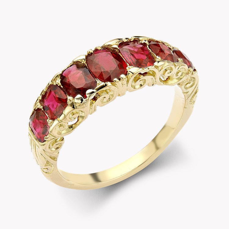 Victorian Ruby and Diamond Carved Seven Stone Ring Oval Cut, Claw Set_1