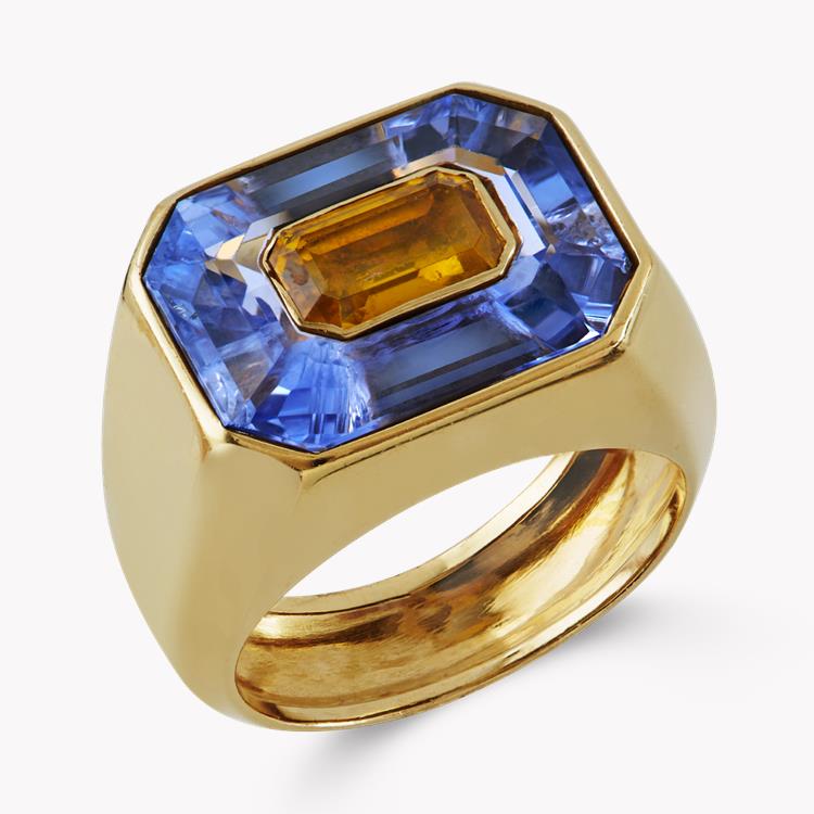 French Blue & Yellow Sapphire Ring 5.50Ct in Yellow Gold Emerald Cut Cocktail Ring_1