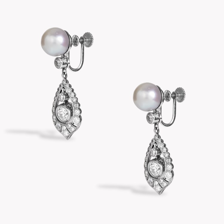 Edwardian Pearl and Old Cut Diamond Drop Earrings 9mm in 14ct White Gold_2