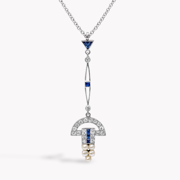 Trillion Cut Sapphire, Diamond and Pearl Pendant Trillion & Brilliant Cut, Millegrain_1