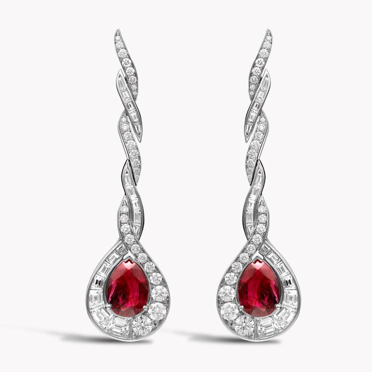 Masterpiece Burmese Ruby & Diamond Drop Earrings  3.30ct in Platinum Pear, Brilliant & Baguette Cut, Claw and Channel Set_1