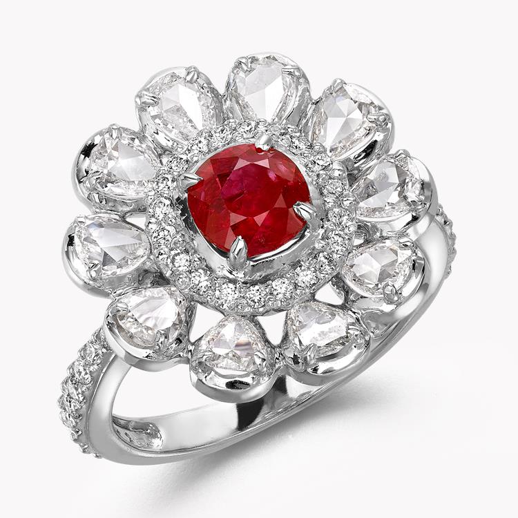 Cushion Cut Ruby Ring 0.96CT in White Gold Cluster Ring with Pear Cut Shoulders_1