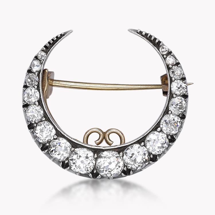 Victorian Diamond Crescent Moon Brooch 1.85CT in Silver & Yellow Gold Old Cut Diamond Pin Brooch_1
