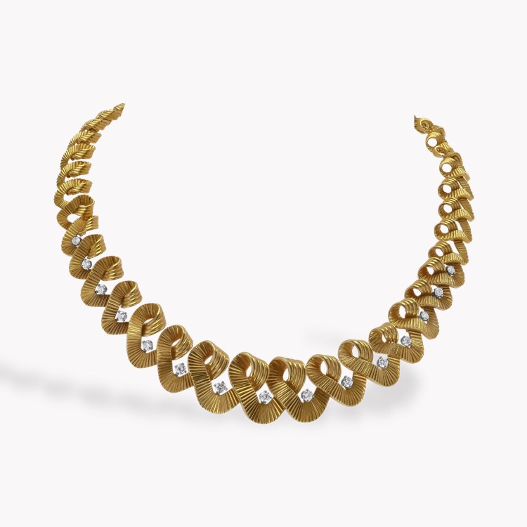 Retro Cartier Brilliant Cut Diamond and Textured Gold Collar Necklace Brilliant cut, Claw set_1