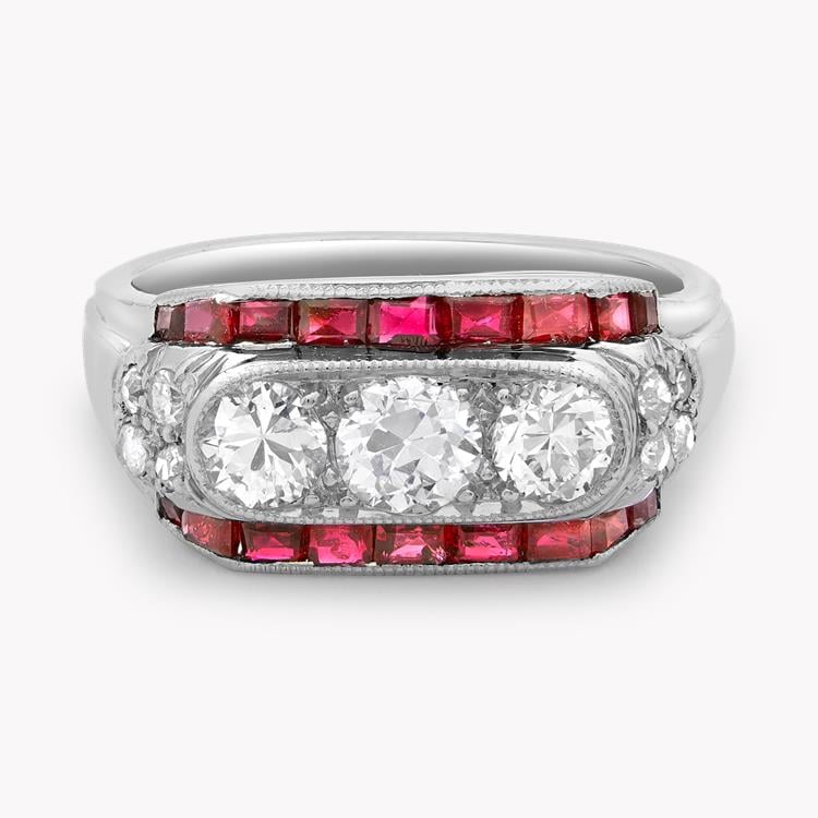 Art Deco Three Stone Plaque Ring  Ruby, Diamond & Platinum Brilliant, Old and Calibre Cut, Rub Over and Claw Set_2