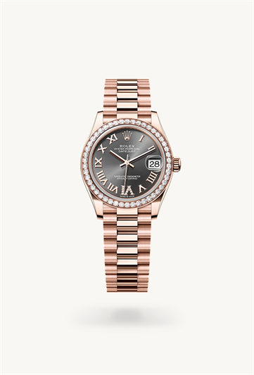 Datejust 31 * Oyster, 31 mm, Everose gold and diamonds with a White mother-of-pearl set with diamonds Set with diamonds bezel and President, semi-circular three-piece links bracelet