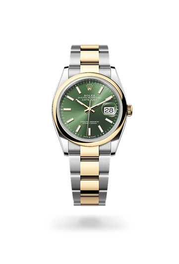 Datejust 36 * Oyster, 36 mm, Oystersteel and yellow gold with a Olive green Domed bezel and Oyster, three-piece solid links bracelet