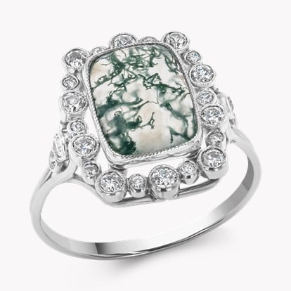 Moss Agate and Diamond Cluster Ring in Platinum