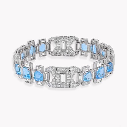 French Art Deco Aquamarine & Diamond Bracelet 11.00cts in Platinum & 18ct White Gold