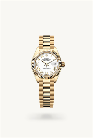 Lady-Datejust * Oyster, 28 mm, yellow gold with a White mother-of-pearl set with diamonds Fluted bezel and President, semi-circular three-piece links bracelet
