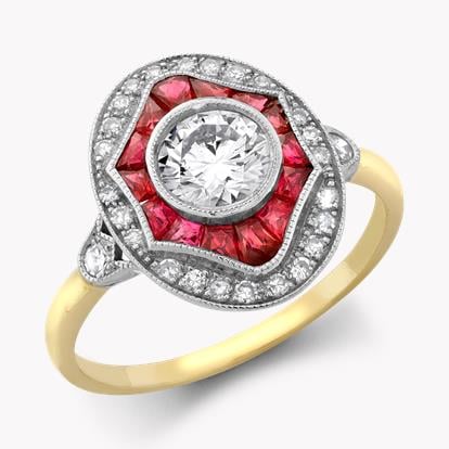 Art Deco Style Diamond and Ruby Ring 0.70ct in 18ct Yellow and White Gold