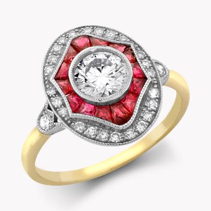 Art Deco Inspired 0.70ct Ruby and Diamond Cluster Ring in 18ct Yellow and White Gold