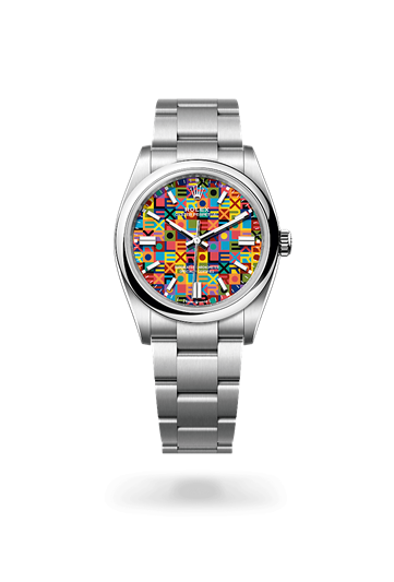Oyster Perpetual 36 * Oyster, 36 mm, Oystersteel with a Multicoloured, Jubilee motif Domed bezel and Oyster, three-piece solid links bracelet