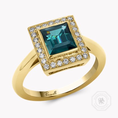 Square Cut 1.43ct Namibian Indicolite Tourmaline and Diamond Ring in 18ct Yellow Gold 