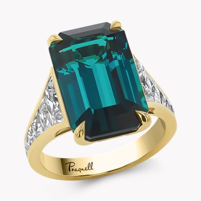 Masterpiece 11.84ct Emerald Cut Namibia Tourmaline and Diamond Ring in 18ct Yellow Gold
