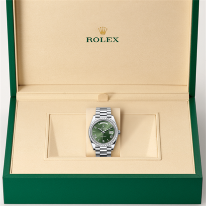 Day-Date 40, Oyster, 40 mm, platinum and diamonds watch inside presentation box