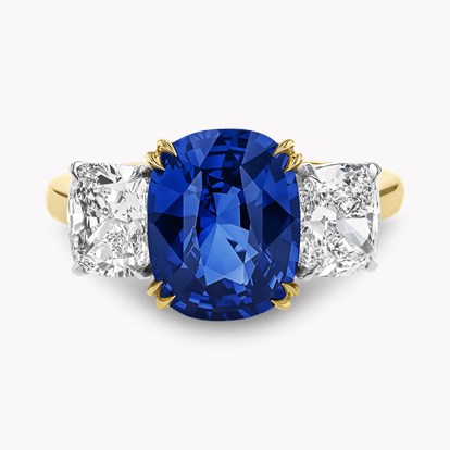 Cushion Cut 4.06ct Sri Lankan Sapphire Three Stone Ring in 18ct Yellow Gold