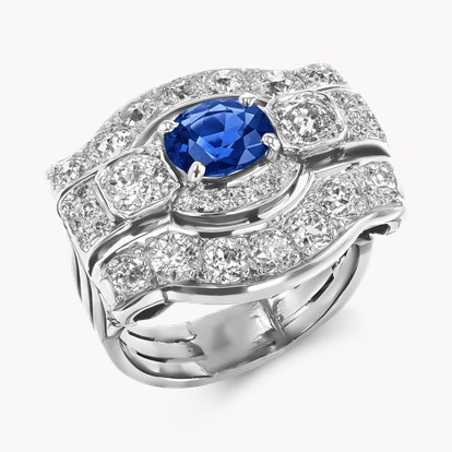 Art Deco 0.85ct Sapphire and Diamond Cocktail Ring in 14ct White Gold
