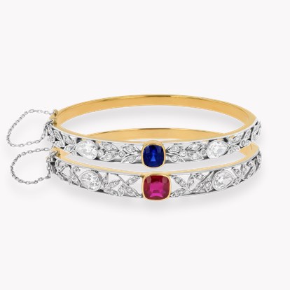 Victorian Cushion Cut Kashmir Sapphire, Cushion Cut Burmese Ruby and Diamond Bangle Set In 18ct Yellow Gold