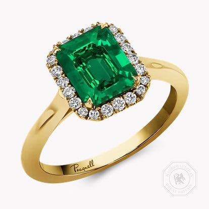 Emerald Cut 1.63ct Colombian Emerald and Diamond Cluster Ring in 18ct Yellow Gold