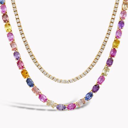 Rainbow Fancy Sapphire and Diamond Two-Row Necklace 27.28ct in Rose Gold