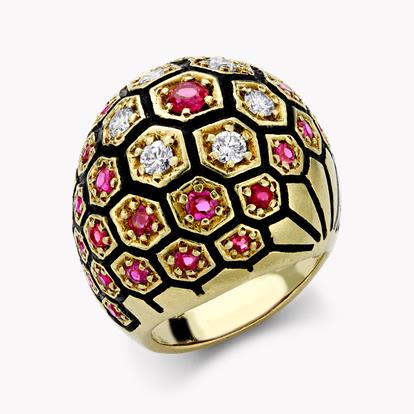 Retro Diamond & Ruby Bombé Honeycomb Dress Ring in 18ct Yellow Gold