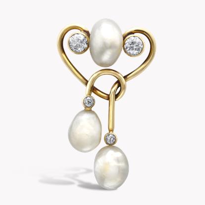 Art Nouveau Natural Pearl & Diamond Brooch in Yellow Gold