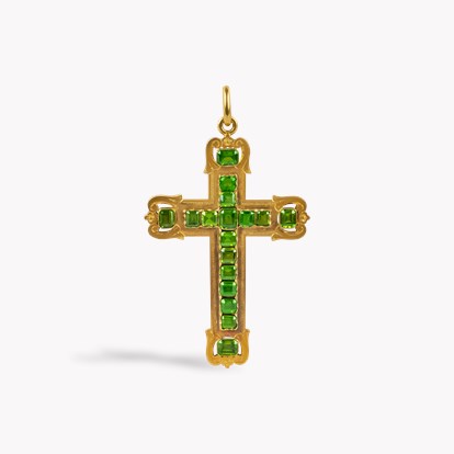Georgian Cushion Cut 7.00cts Demantoid Garnet & Engraved Gold Cross Pendant