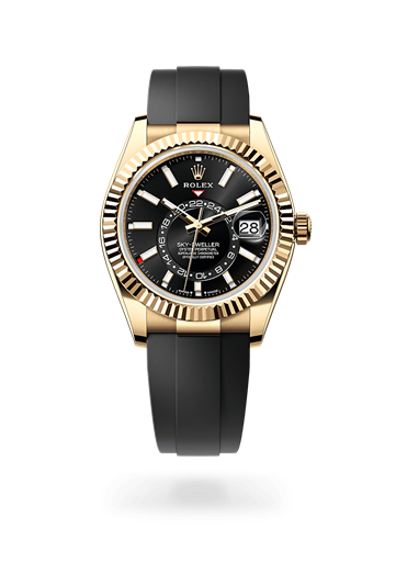 Sky-Dweller * Oyster, 42 mm, yellow gold with a Bright black Fluted, bidirectional rotatable Rolex Ring Command bezel and Oysterflex bracelet