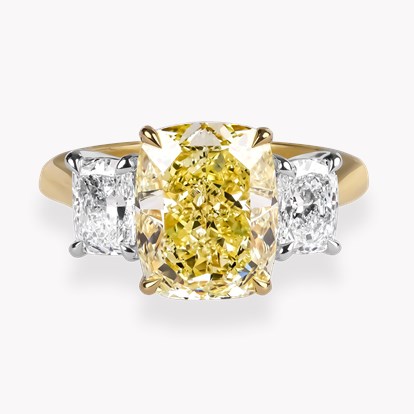 Cushion Cut 4.20ct Fancy Yellow Diamond Three Stone Ring