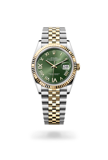 Datejust 36 * Oyster, 36 mm, Oystersteel and yellow gold with a Olive green set with diamonds Fluted bezel and Jubilee, five-piece links bracelet