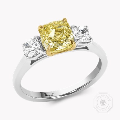 Cushion Cut 1.66ct Fancy Yellow Diamond Three Stone Ring in 18ct White and Yellow Gold