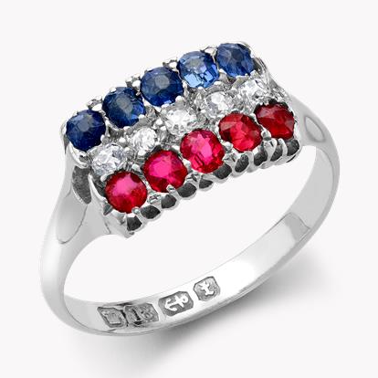 Victorian Diamond, Ruby & Sapphire Ring in 18ct White Gold