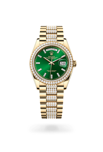Day-Date 36 * Oyster, 36 mm, yellow gold and diamonds with a Bright green set with diamonds Diamond-set bezel and Diamond-set President bracelet