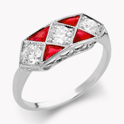 Art Deco Inspired Ruby & Diamond Geomtric Dress Ring in 18ct White Gold